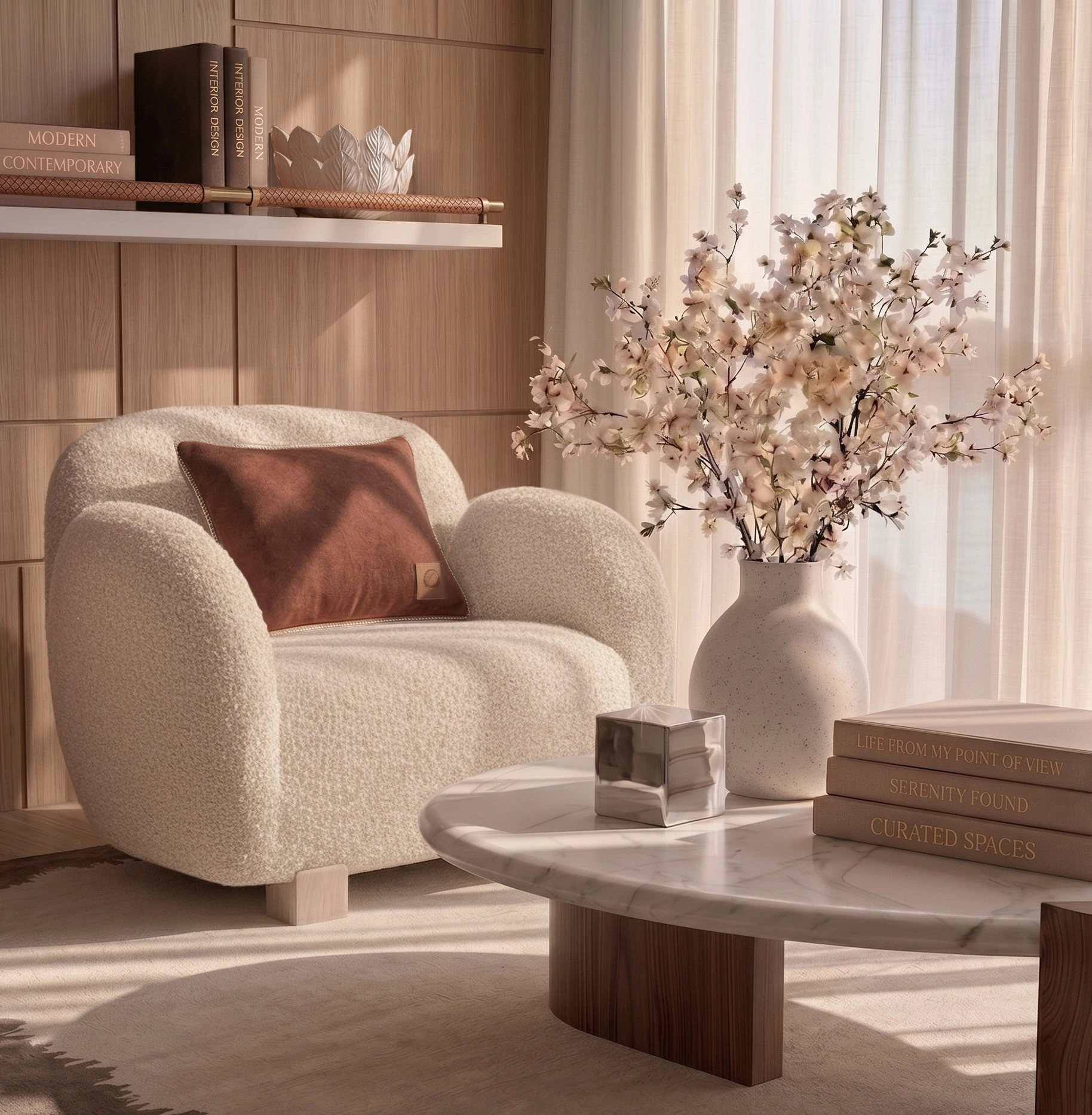A sculptural cream armchair, marble coffee table and flowering branches in a softly lit oak interior