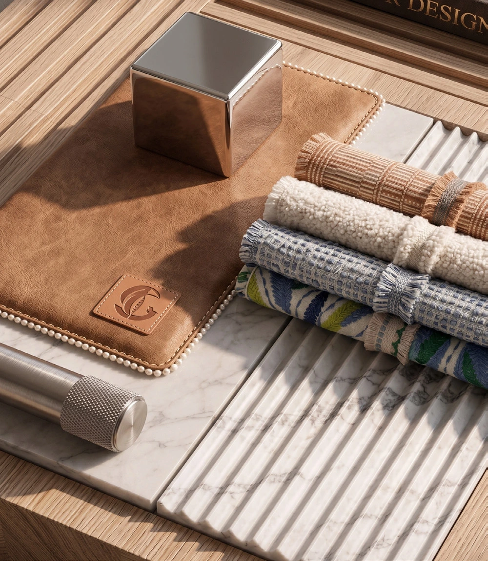 Polished metal, walnut and textured hardware