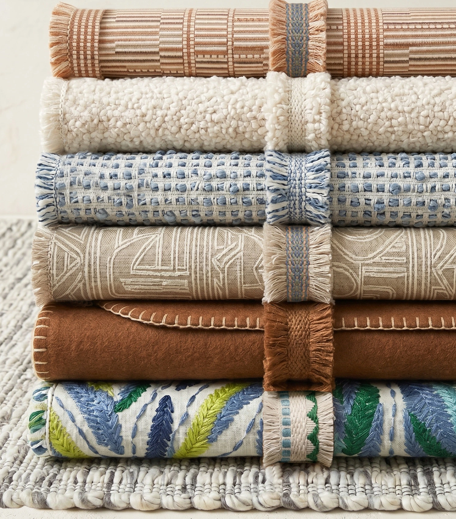Layered woven fabrics in cream, blue and warm earth tones